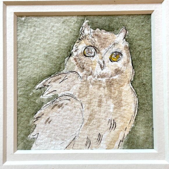 Mini Owl Watercolor Painting Gold Gilt Frame Square 6 x 6 Handmade Drawing OOAK - Picture 2 of 6